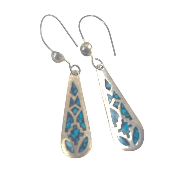 Vintage Sterling Silver & Turquoise Inlay Drop Earrings With Hook Backs - Picture 2 of 7